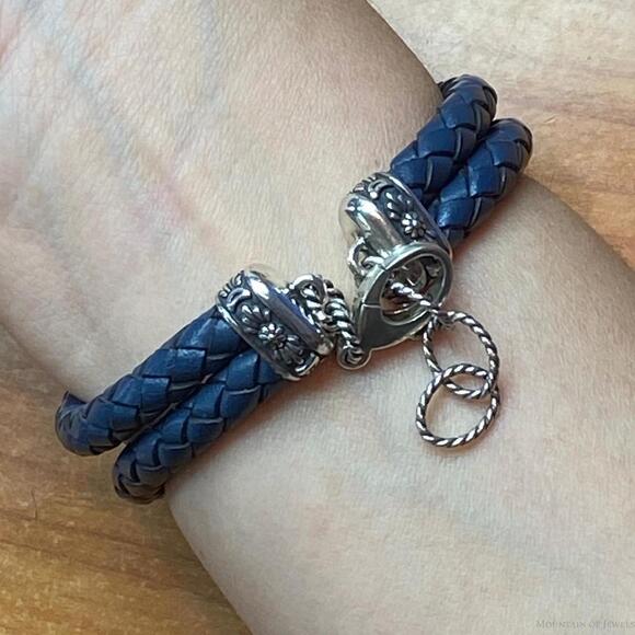 Carolyn Pollack Sterling Denim Lapis Navy Braided Leather Bracelet For Women - Picture 3 of 10